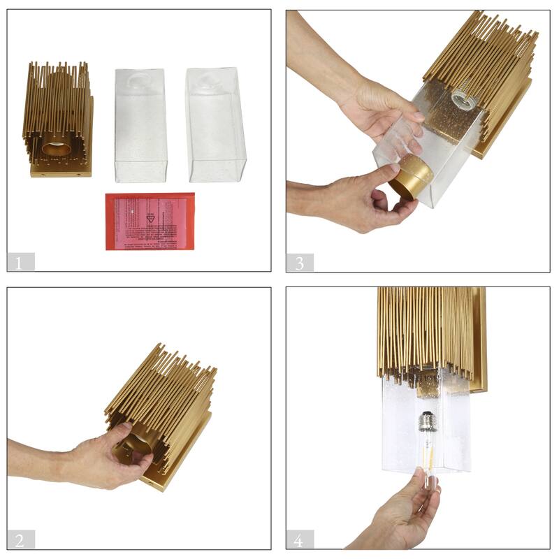 Modern Gold 2-Light Rectangle Vanity Light Dimmable Seeded Glass Wall Sconce - 4.7" Wx5.9" Dx17.5" H