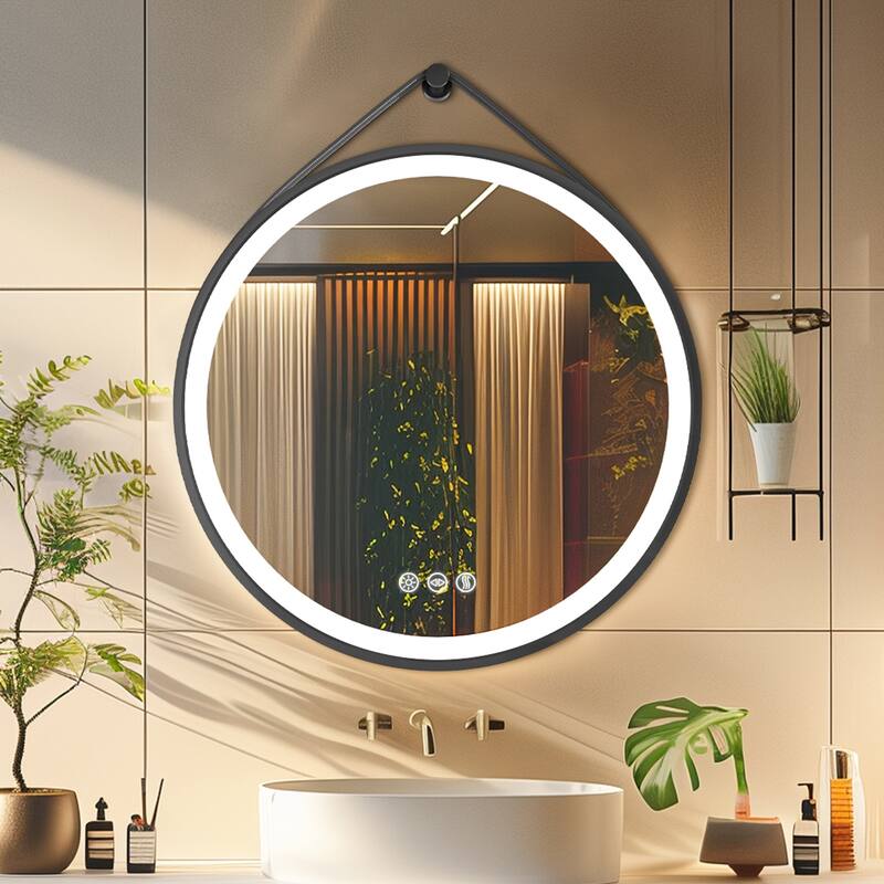 Round Black Framed Bathroom Mirrors Vanity Lighting with Microfiber Leather Hanging Strap