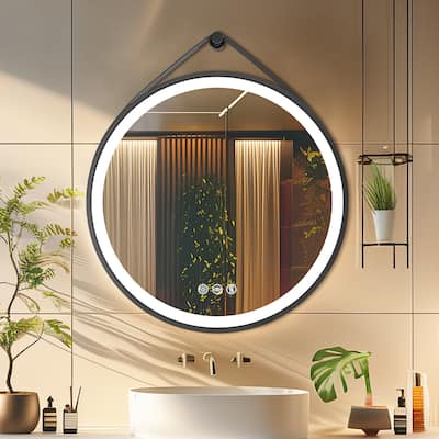 Round Black Framed Bathroom Mirrors Vanity Lighting with Microfiber Leather Hanging Strap