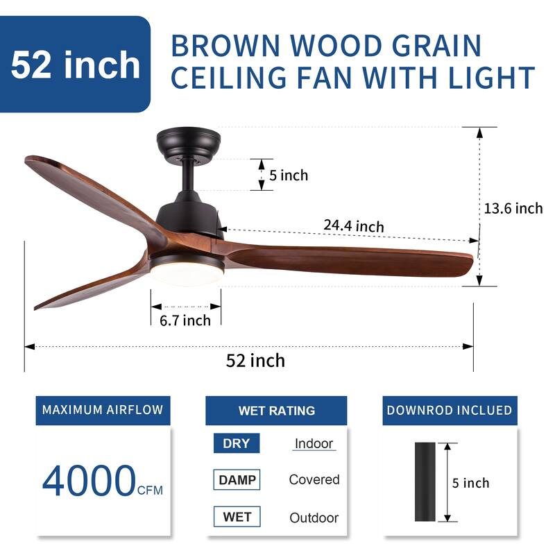 YUHAO SylvanAir Modern 52 in. Flush Mount Outdoor/Indoor Ceiling Fan with 3 Solid Wood Blades and DC Reversible Motor