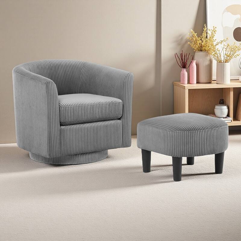 Corduroy 360° Swivel Recliner Chair Sets with Ottoman and Rubberwood Frame - Grey