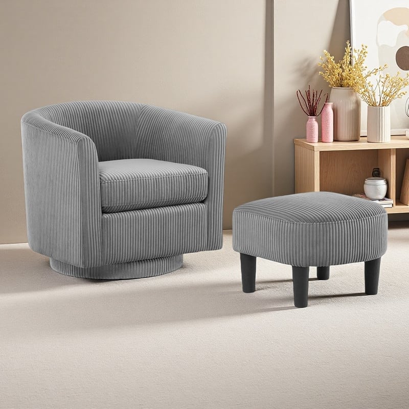 Corduroy 360° Swivel Recliner Chair Sets with Ottoman and Rubberwood Frame