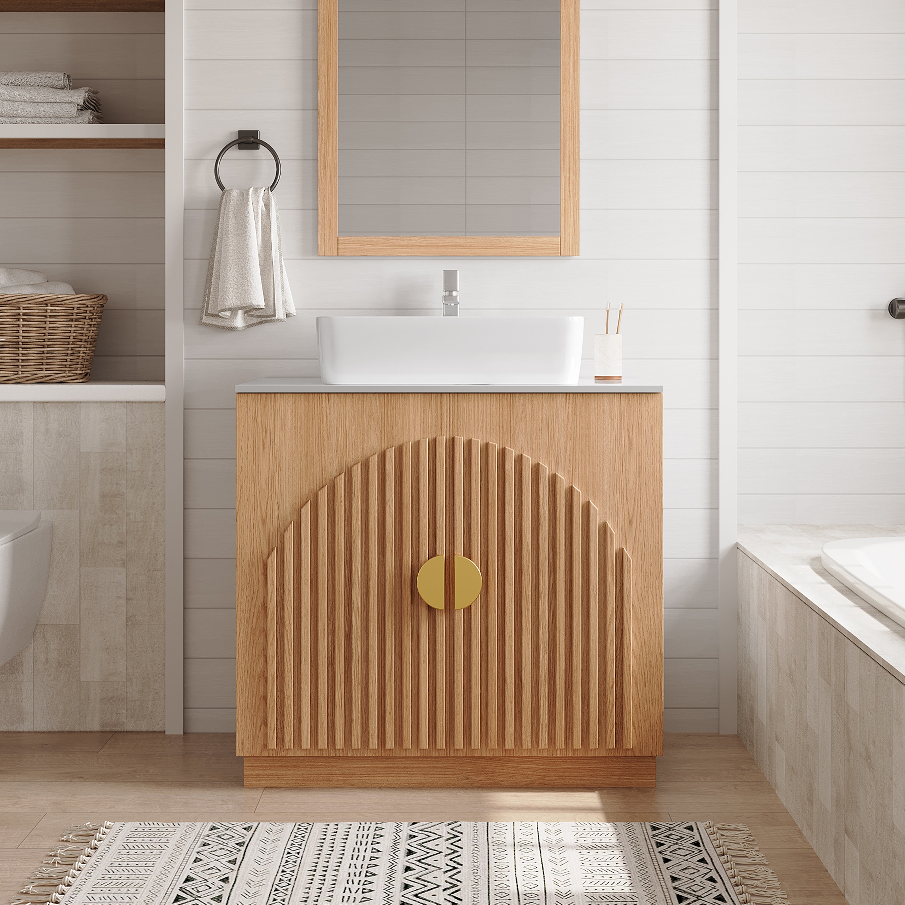 36" Mid - Century Modern Bathroom Vanity With Single Sink Grille Door & Gold Accents