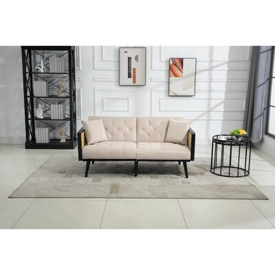 61.42" Velvet Upholstery Loveseat Sleeper Sofa with Rattan Handrail and Adjustable Backrest, Tufted Couch with 2 Toss Pillows