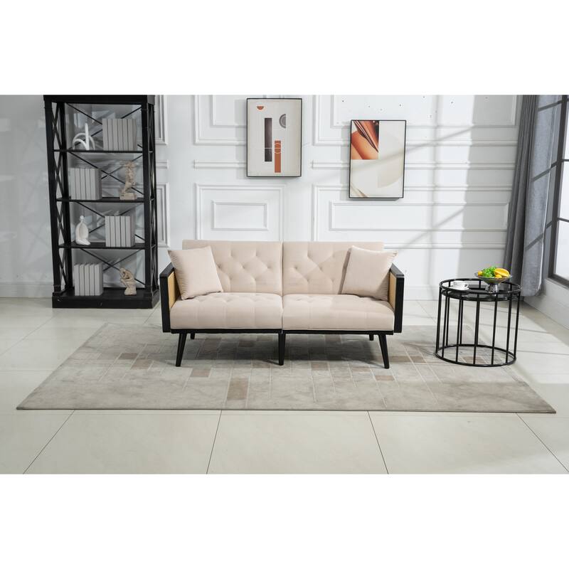 Beige Velvet Soft Seating Sofa w/ Split Back Convertible Futon Sofas