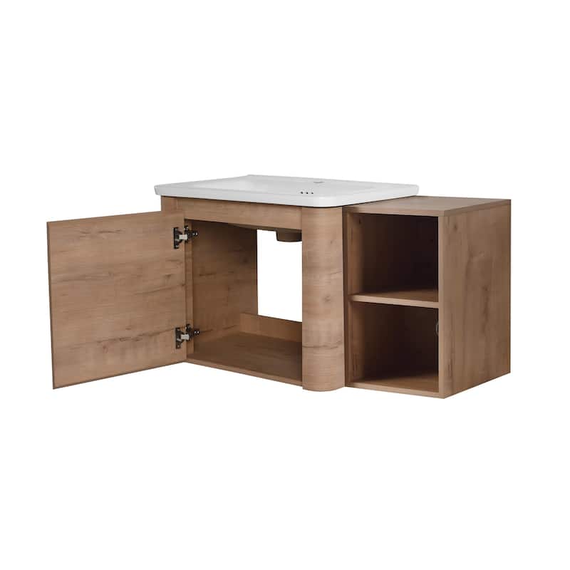 Malwee 24"/36"/48"/60" Floating Bathroom Vanity, Wall Mounted Bathroom Vanity with Ceramic Sink,Soft Close Door and Shelf