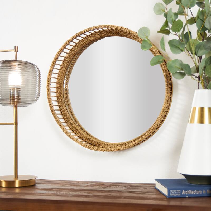 Light Brown Bamboo Wood Handmade Woven Wall Mirror - 21"W, 21"H - 21"W, 21"H - Light Brown