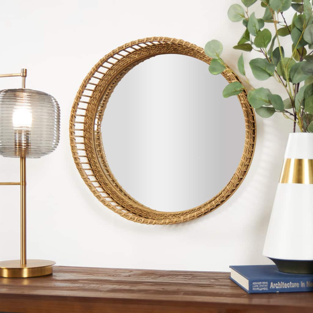 Light Brown Bamboo Wood Handmade Woven Wall Mirror - 21"W, 21"H