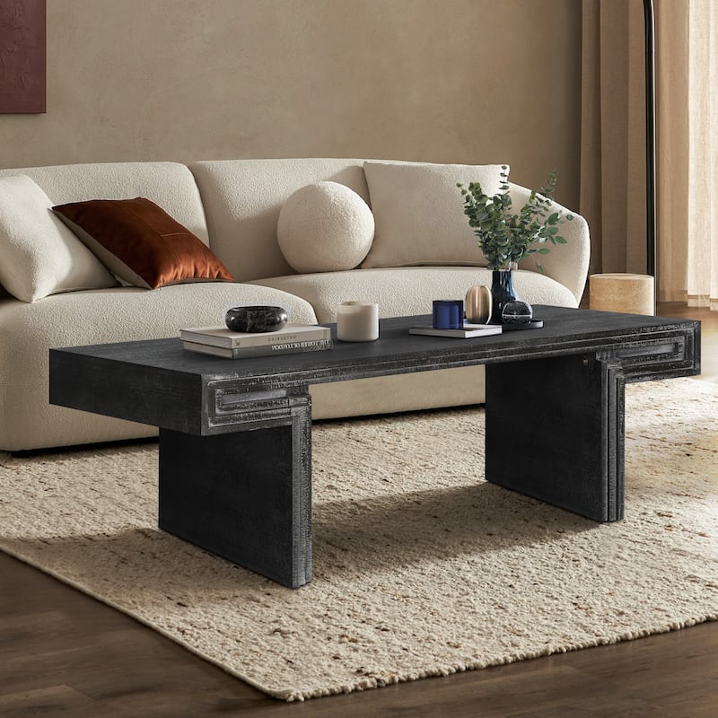 Roomfitters Industrial Coffee Table, Rustic Wood Center Table with 2 Tier Storage for Living Room - Antique Black