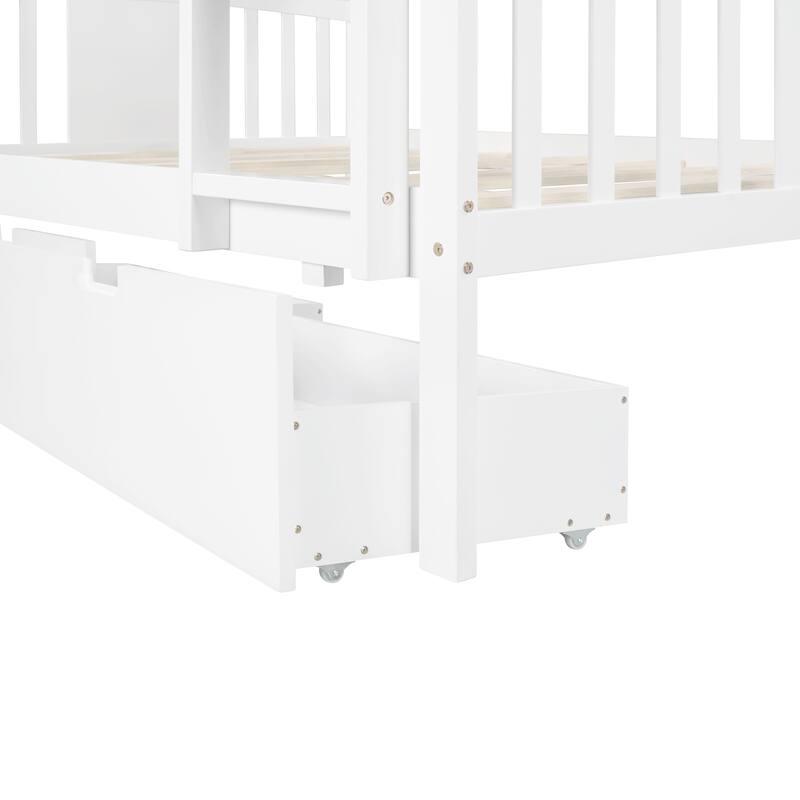 Full over Full Bunk Bed with Drawers and Ladder, White, Space-Saving Bedroom Furniture