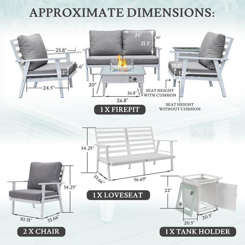 Walbrooke Polyester Upholstered Aluminum Powder Coated Outdoor Patio Furniture Set with Fire Pit Table