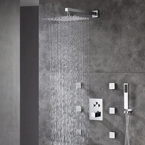 16" Wall Mount Rainfall 3 Way Thermostatic Faucet Shower System with 6 Body Jets