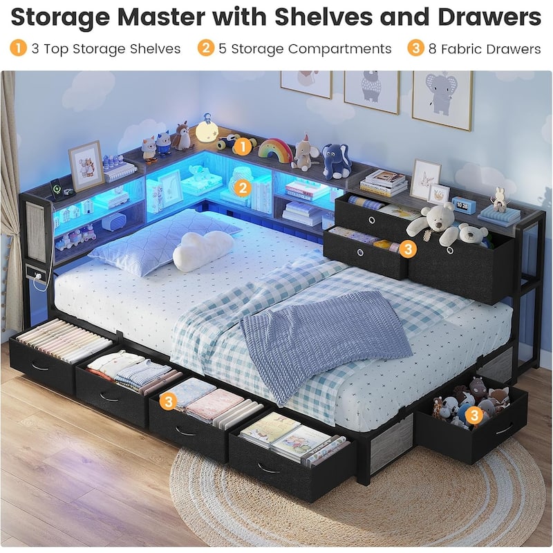 Corner Bed Frame Charging Station Twin Daybed 8 Storage Drawers Bookcase
