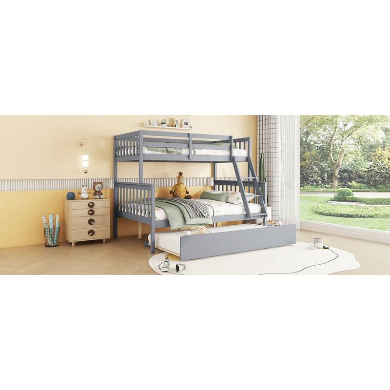 Roomfitters Twin Over Full Rubber Wood Bunk Bed with Trundle, Detachable Convertible Bunk Bed with Ladder and Guardrails