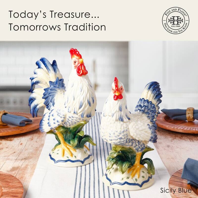 Fitz and Floyd Sicily Blue Rooster Hen Figure Set