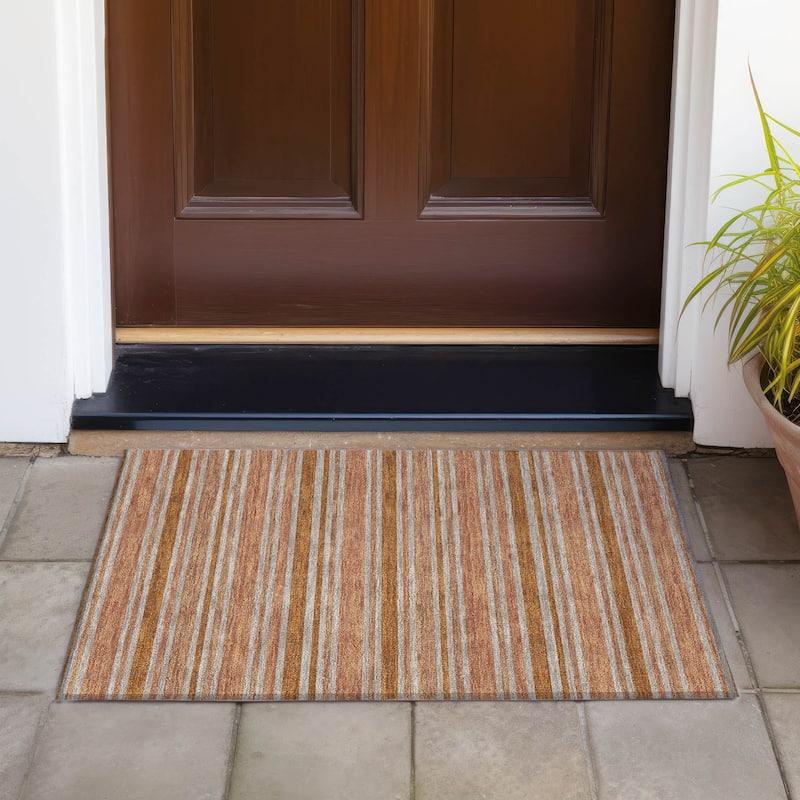 Machine Washable Indoor/ Outdoor Thin Cabana Stripe Chantille Rug - Paprika - 1'8" x 2'6"