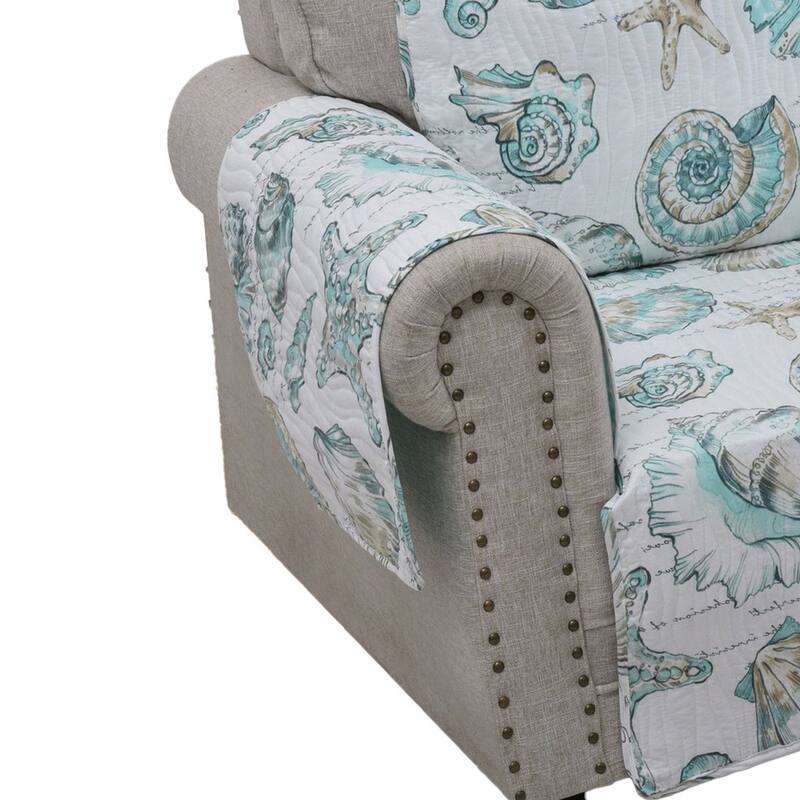 Jiye 103 Inch Wave Quilted Loveseat Cover, Seashell Design, White Polyester