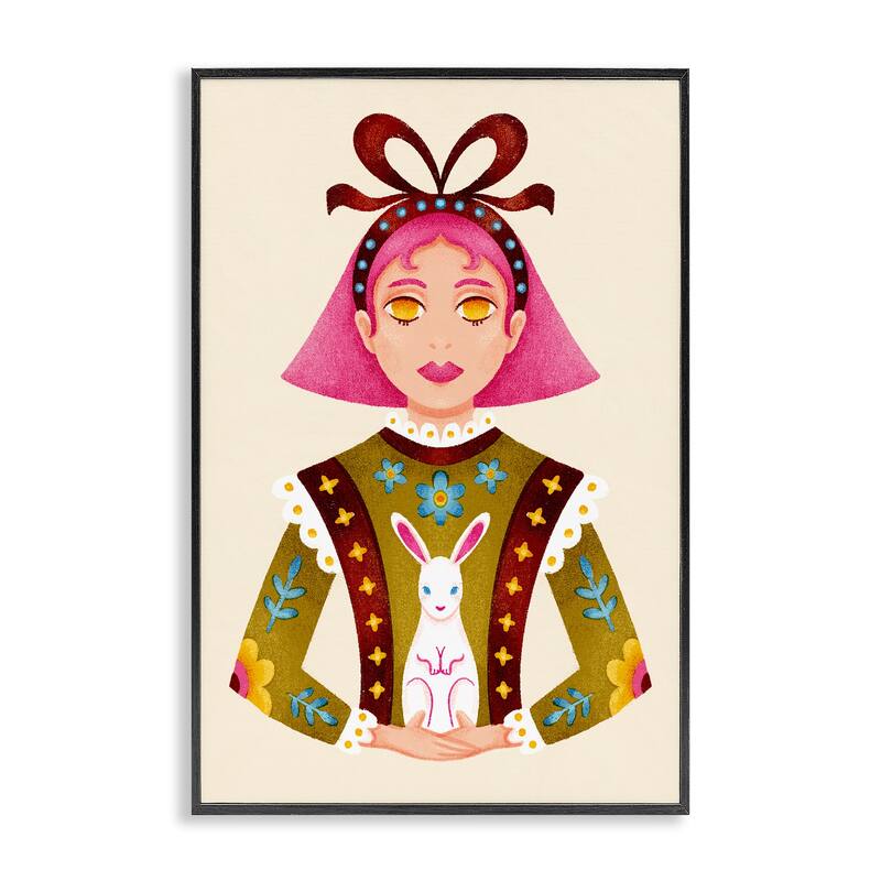 Stupell Pink Haired Girl & Bunny Framed Giclee Art Design By Hannah Moren - 20 x 30 - Black
