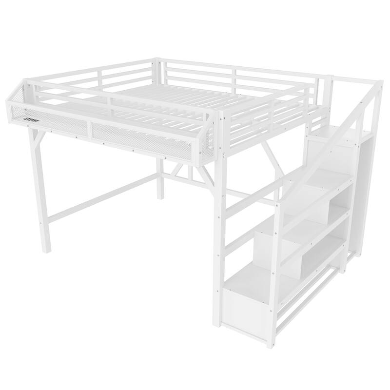 Roomfitters Metal Loft Bed with Wardrobe and Storage Stairs, LED Lights and USB