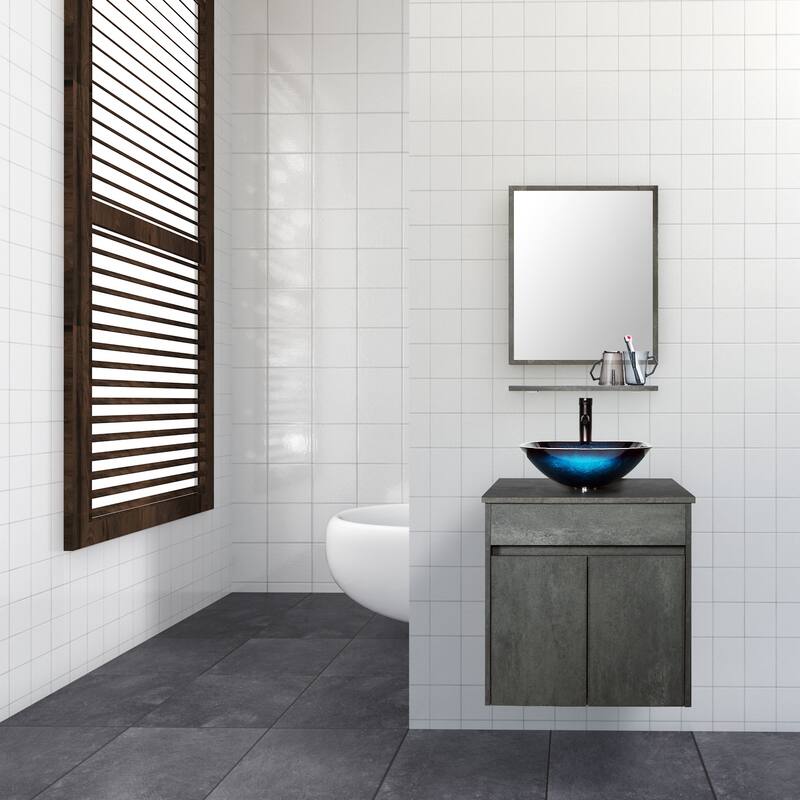 24" Wall Mounted Bathroom Vanity Set W/ Tempered Glass/ Ceramics Sink Combo - ocean blue square sink