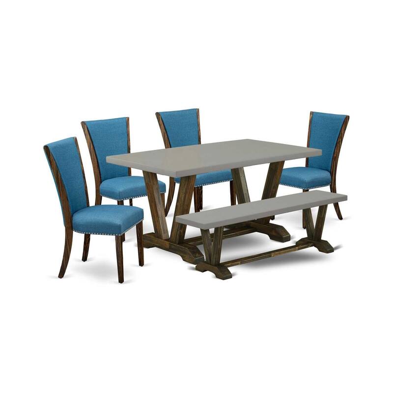 HomeStock 6-Piece Rectangle Distressed Jacobean Finish Solid Wood Top Dining Table with 1-Bench, 4-Chairs