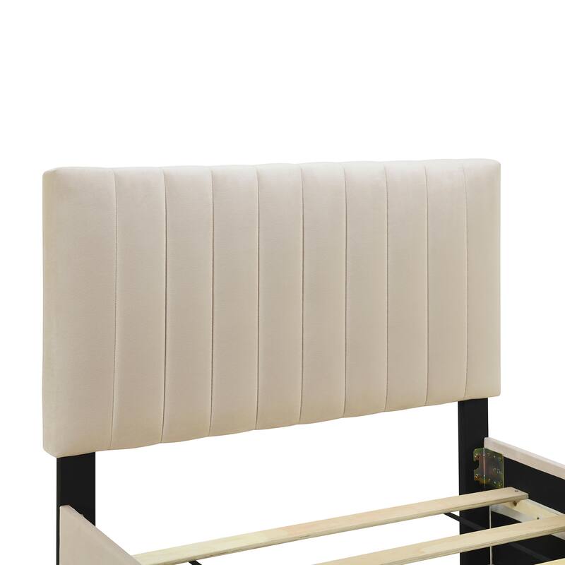 Twin Size Velvet Upholstered Platform Bed with Trundle, Beige