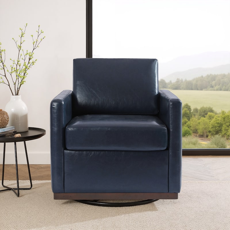 Chenille Leather Modern Swivel Accent Chair - Navy