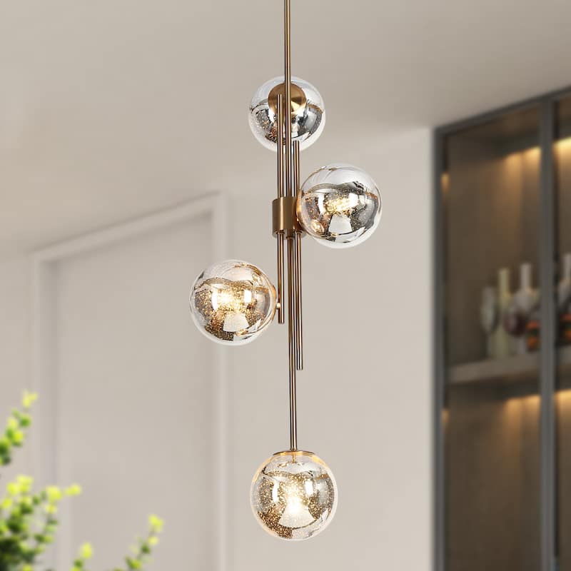 Bela Modern Gold 4-Light Chandelier Orb Mercury Glass Pendant Lights for Kitchen Island - W13.4" x H96.5" MAX