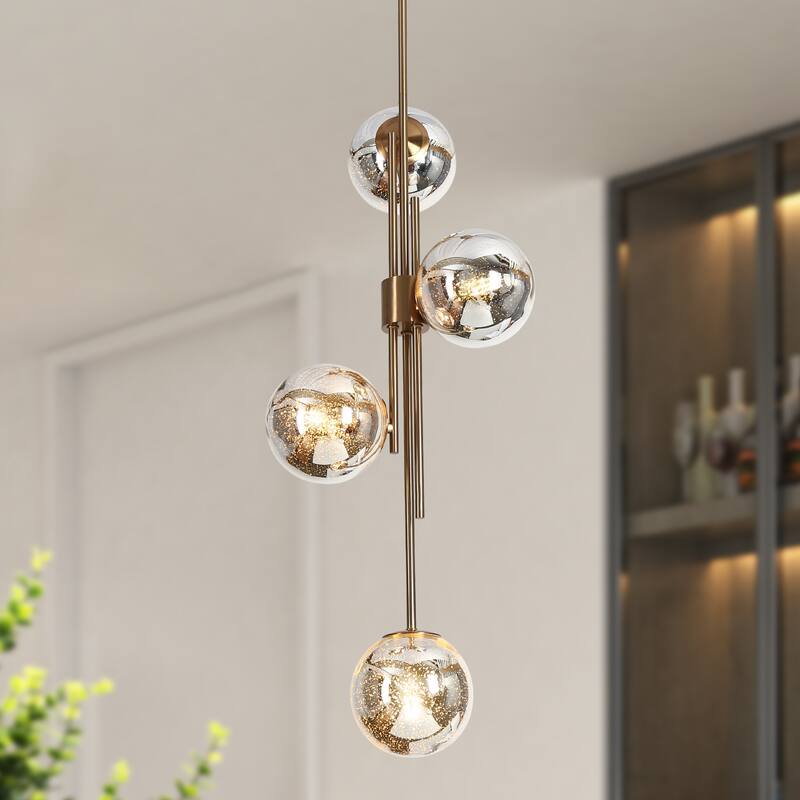 Bela Modern Gold 4-Light Chandelier Orb Mercury Glass Pendant for Kitchen Island - W13.4" x H96.5" MAX