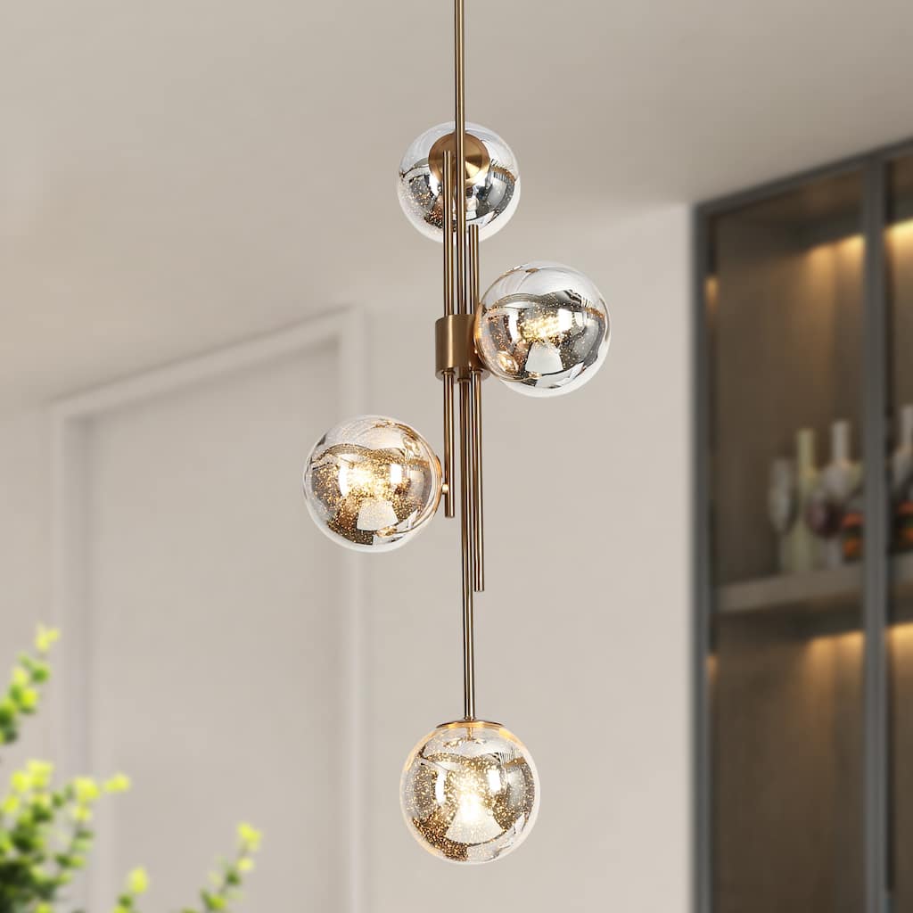 Bela Modern Gold 4-Light Chandelier Orb Mercury Glass Pendant for Kitchen Island - W13.4" x H96.5" MAX