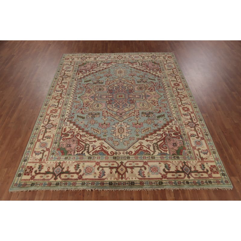Light Blue Geometric Heriz Serapi Indian Area Rug Handmade Wool Carpet - 7'9" x 9'10"