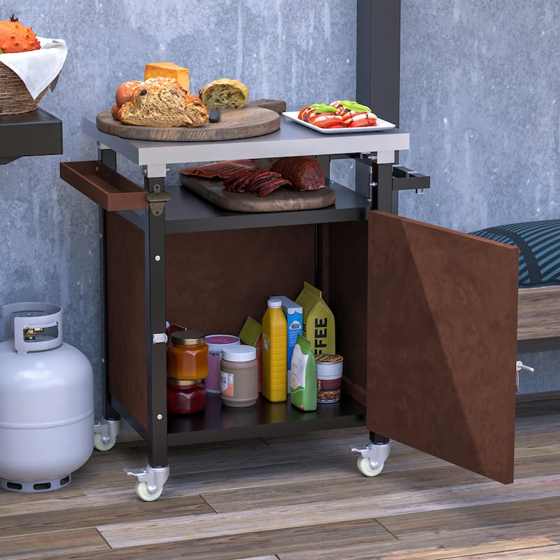 Outdoor Movable Grill Cart with Stainless Steel Tabletop, Storage, Patio Kitchen Island with Wheels, Hooks and Spice Rack