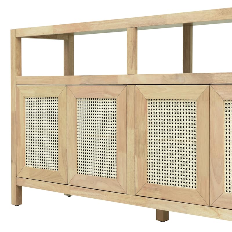Bohemian Style Rattan Buffet Storage Cabinet with 3-Position Adjustable Shelves and Solid Wood Frame, for Dining Room