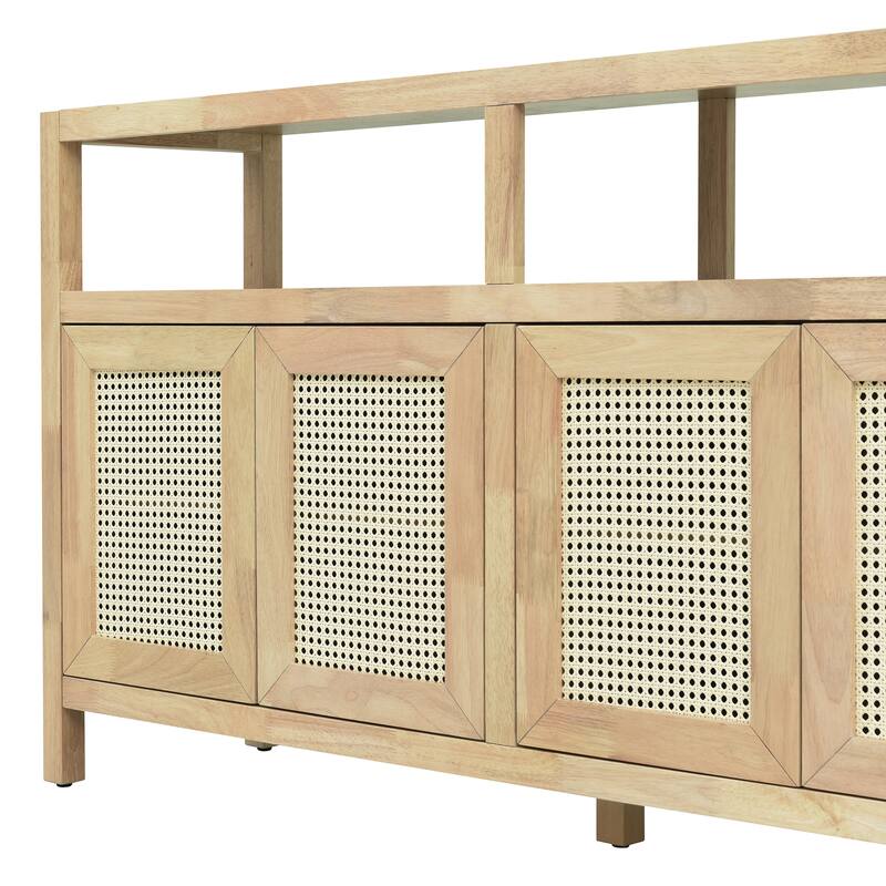 Rattan Buffet Storage Cabinet with Solid Wood Frame,Sideboard with 3-position Adjustable Shelves,No-Handle Push-to-Open Design