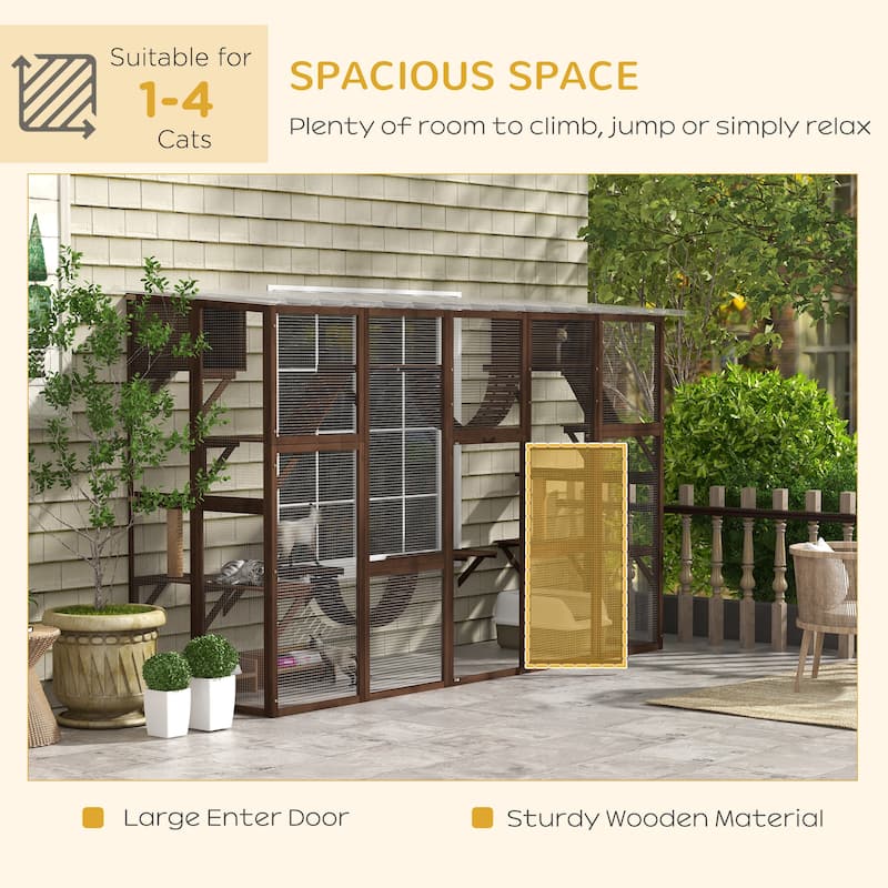 PawHut Catio Playground Outdoor Cat Enclosure Wooden Cat House Shelter