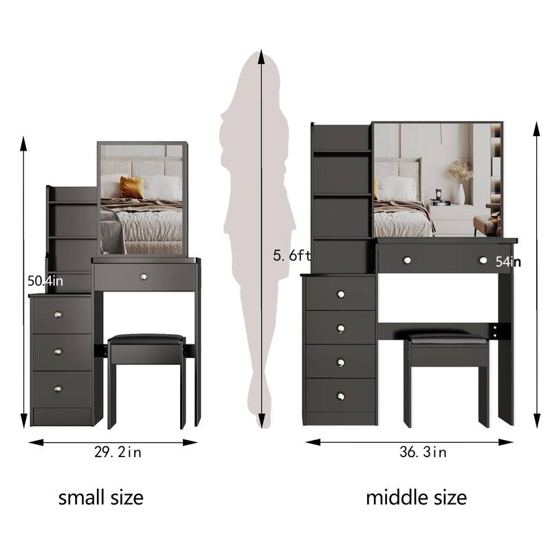 37" Middle Size Left Drawer Desktop Vanity Table + Cushioned Stool,Large Right sliding mirror, Multi Layer High Capacity Storage
