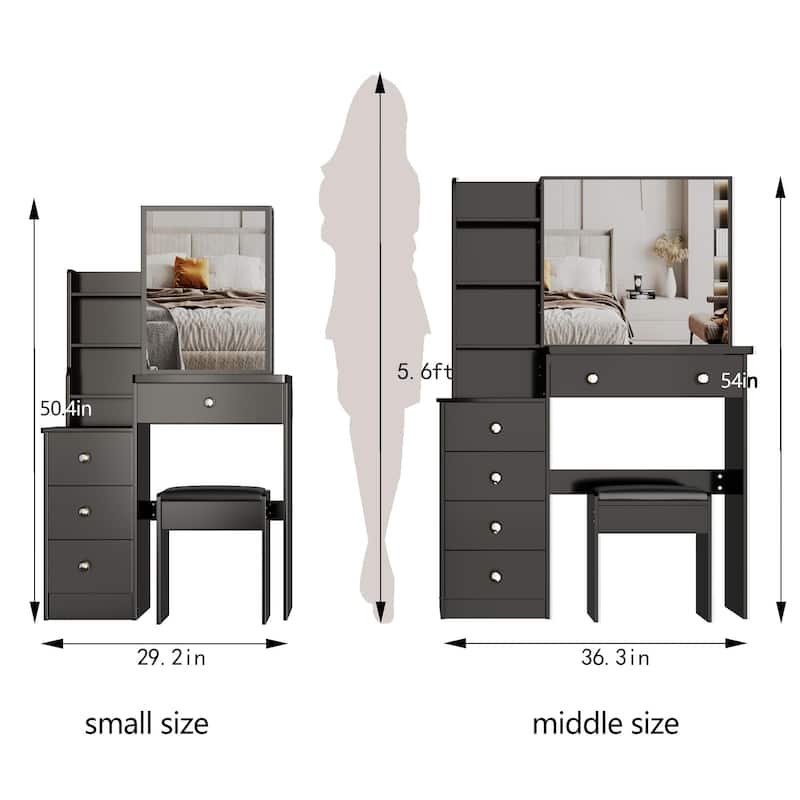 Vanity Desk with Control Sliding LED Mirror, Makeup Vanity with Cushioned Stool, Vanity Set with Hair Dryer Bracket