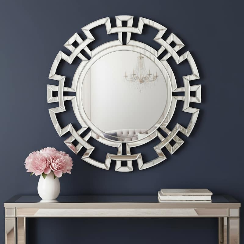 HomeRoots 32" Silver Glass Round Art Deco Geo Framed Accent Mirror - 31.50 in. x 31.50 in. x 0.79 in. - 31.50 in. x 31.50 in.  x 0.79 in.