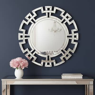 HomeRoots 32" Silver Glass Round Art Deco Geo Framed Accent Mirror - 31.50 in. x 31.50 in. x 0.79 in.