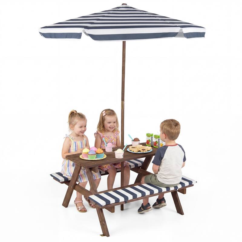 Gymax Kids Picnic Table w/Bench Seat Cushions Removable & Adjustable - Navy