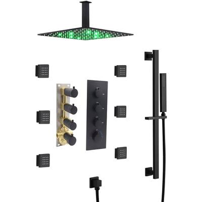 Matte Black 16" LED Rainfall Shower X3 Thermostatic Faucet System w/ Slide Bar, 6 Jets - Matte Black