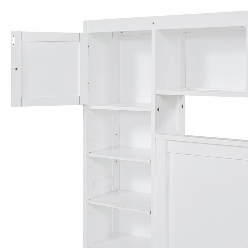 Wooden Bed with Built-in Cabinet, Shelf, and Sockets