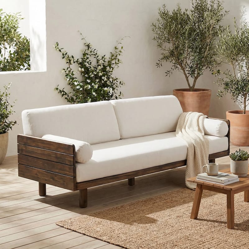 Christopher Knight Home - Mid-Century Acacia Wood Outdoor 3-Seater Patio Sofa with Water-Resistant Cushions and Bolster Pillows