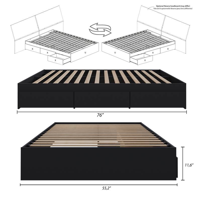 Nexera Bed Frame with 3-Drawer Storage, Reversible, Black