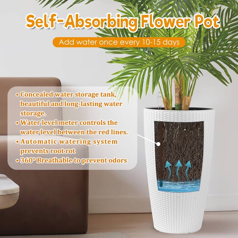 Set of 2 Faux Rattan Tall Planters Outdoor Indoor Large Planters with Water Level Monitor Inner Bucket,Automatic Watering