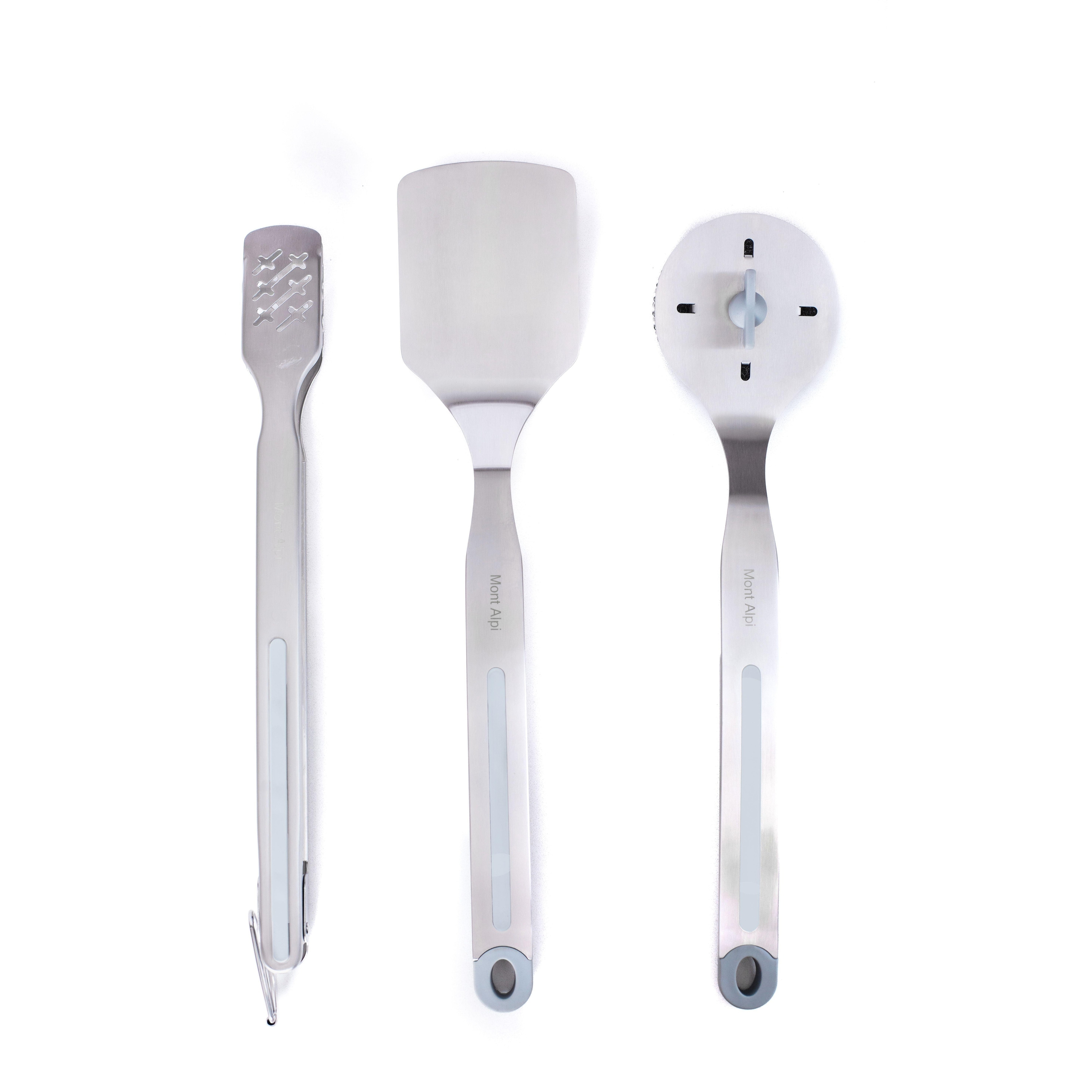 Mont Alpi MATK Heavy Duty Stainless Steel 3 Piece Tool Kit with Brush and Extra Scrub Head + Lockable Tongs + Solid Head Spatula