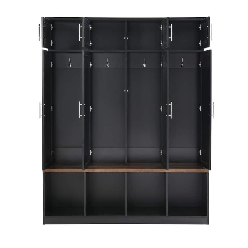 Hall Tree Storage Cabinet with 4 Hidden Hooks, Bench, and Open Compartments