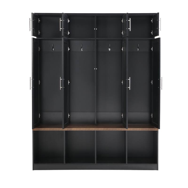 Versatile Hall Tree with 4 Hanging Hooks, Brown Wood Grain Bench with Multiple Storage Space