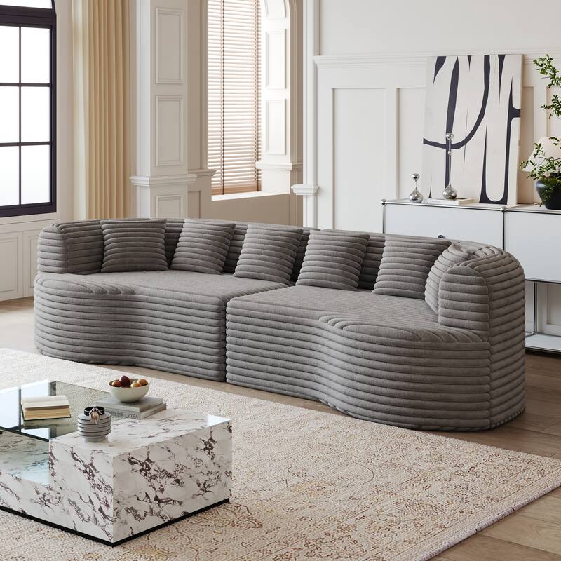Oversized Modular Curved Sectional Sofa, Comfy Corduroy Upholstered Boneless Cloud Sofa, Memory Foam Floor Sofa with 6 Pillows