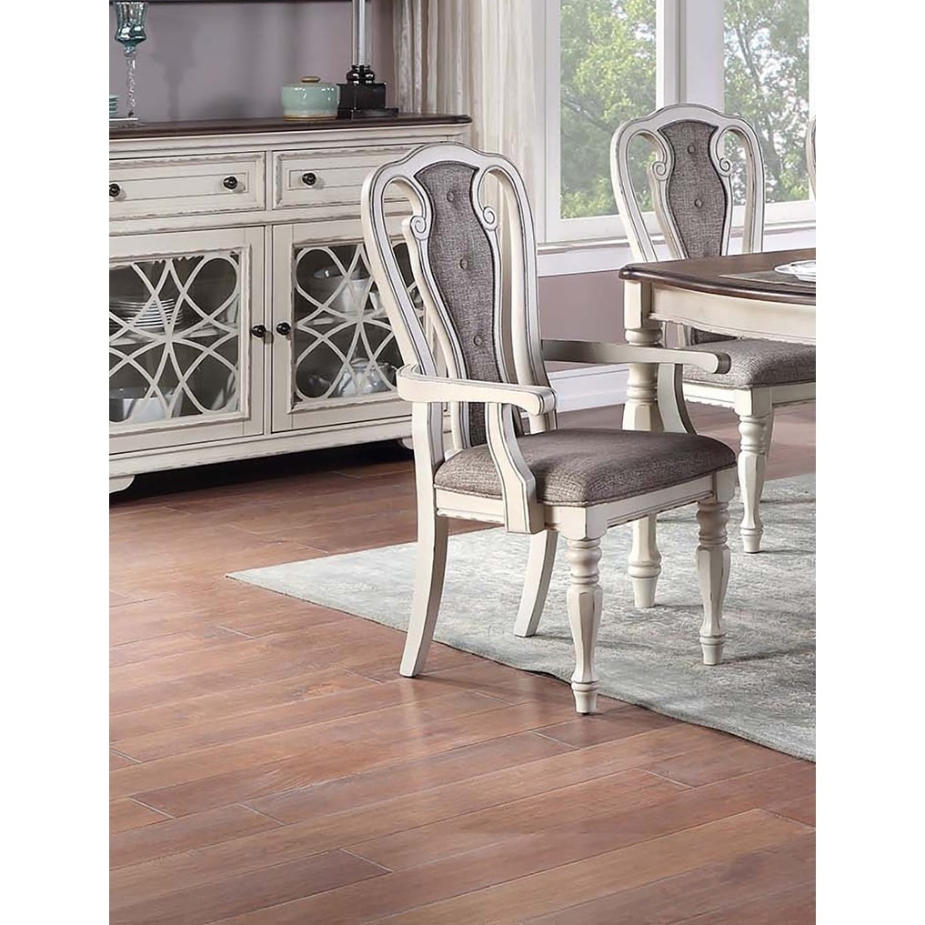 Dining Arm Chairs Upholstered Seat And Backrest Antique White Finish